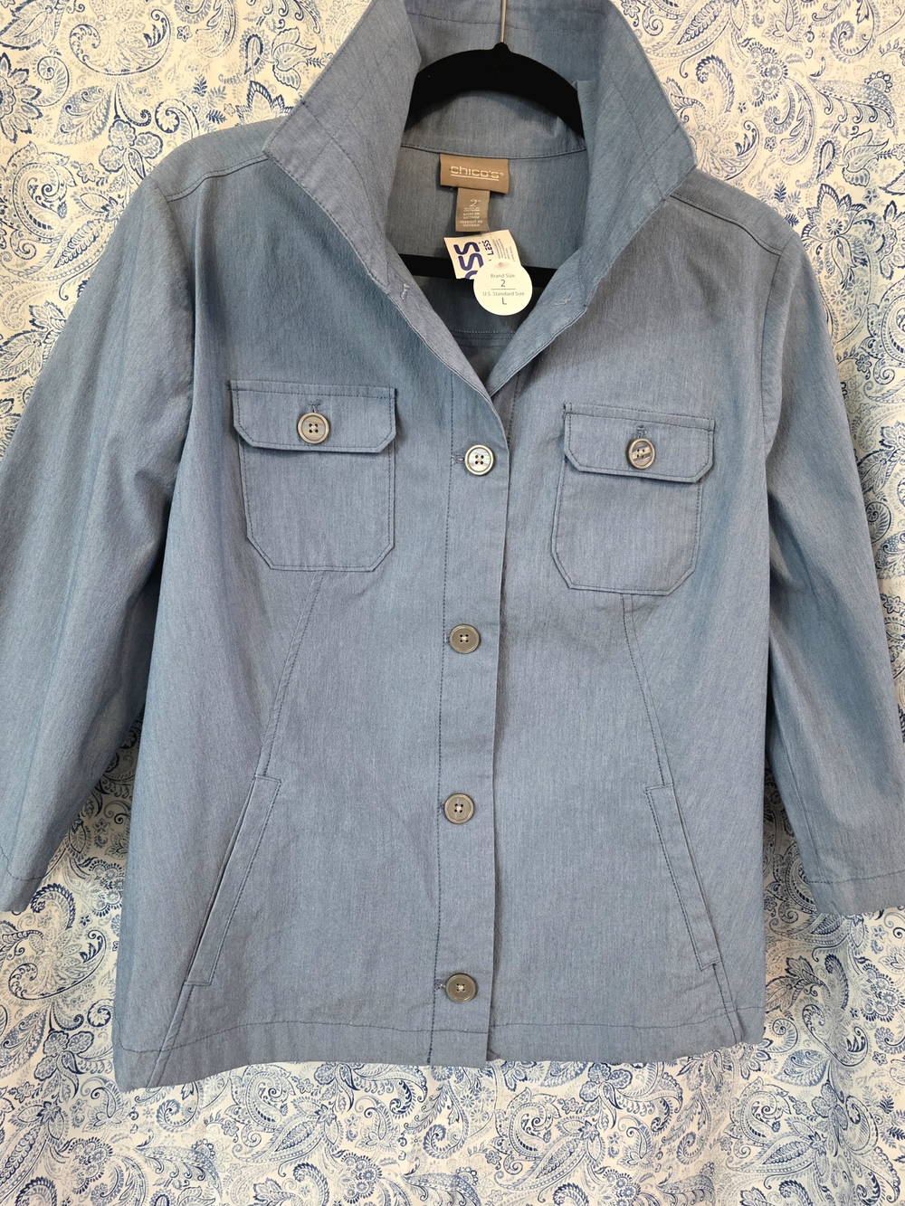 Chico's Chambray Light Blue Button-Front Jacket Size Large (2)- NWT